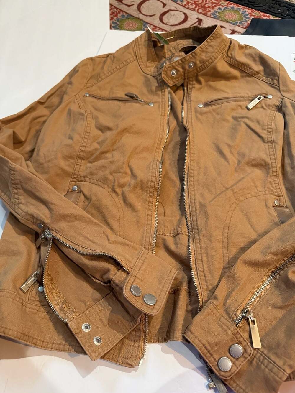 Jou Jou Women's Utility Style Tan Cotton Zip Jacket